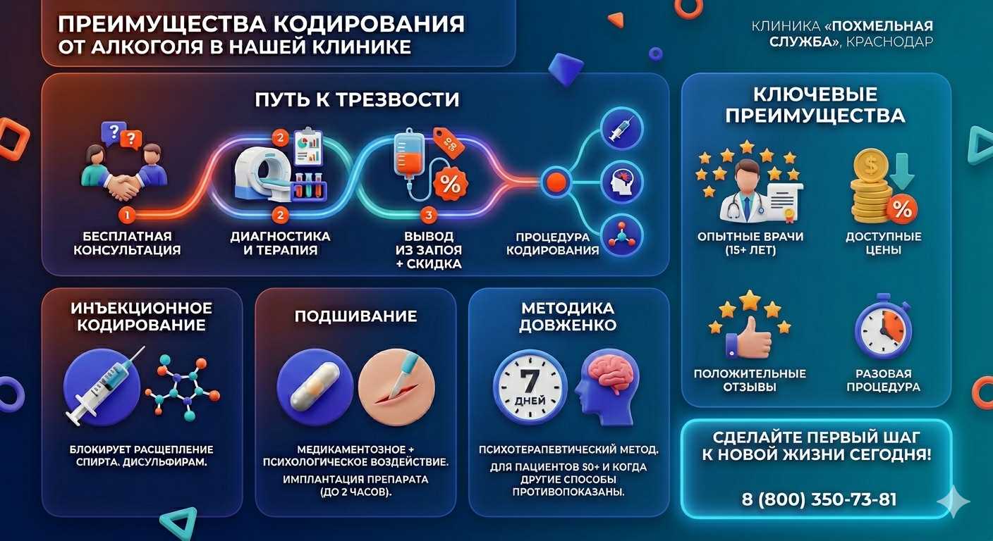 Инфографика о методах кодирования от алкоголя в Луганске: инъекции, подшивание, метод Довженко. Преимущества клиники и этапы лечения.
